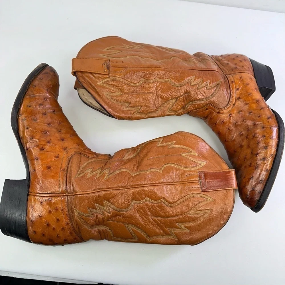 MENS DAVID EDEN TAN COGNAC GENUINE OSTRICH QUILL COWBOY WESTERN BOOTS 10D - Picture 7 of 9